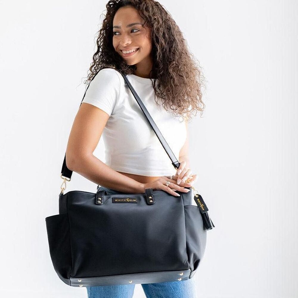 White Elm Aquila Tote Bag Black Nylon & Vegan Leather Gold Hardware work travel
